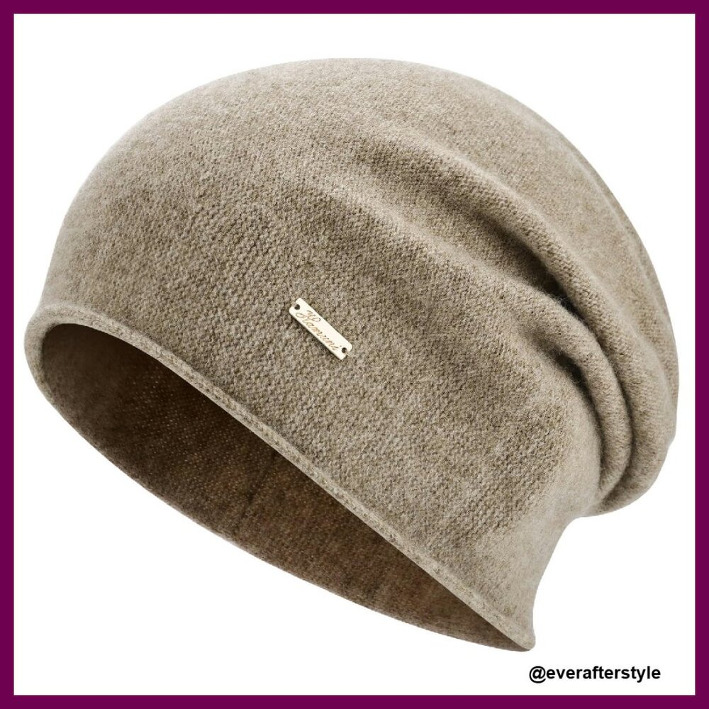 100% Wool Slouchy Beanie Warm Knit Skull Cap Classic Minimal Chic